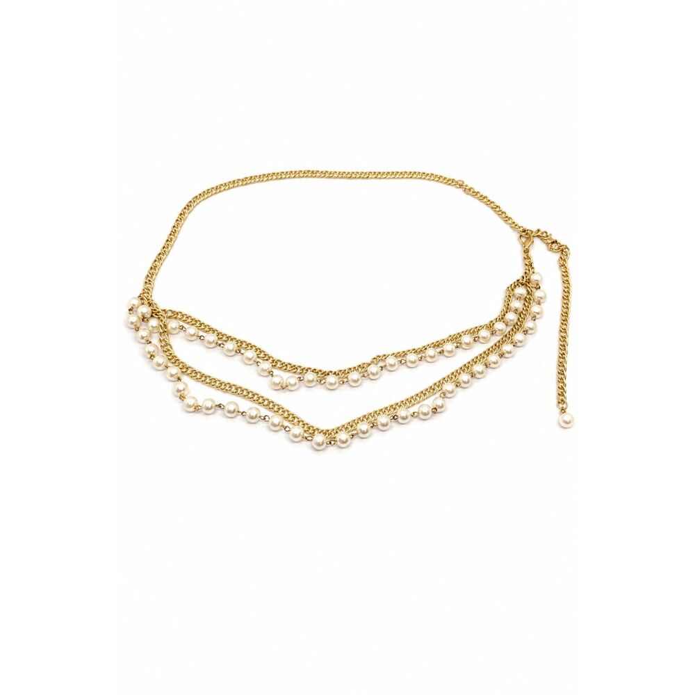 VINTAGE CHAIN BELT Faux Pearl Gold Tone Layered 1980s Necklace 42"